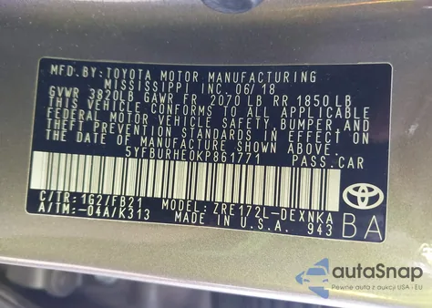 2019 Toyota Corolla Le z USA, uszkodzony, nr VIN 5YFBURHE0KP861771